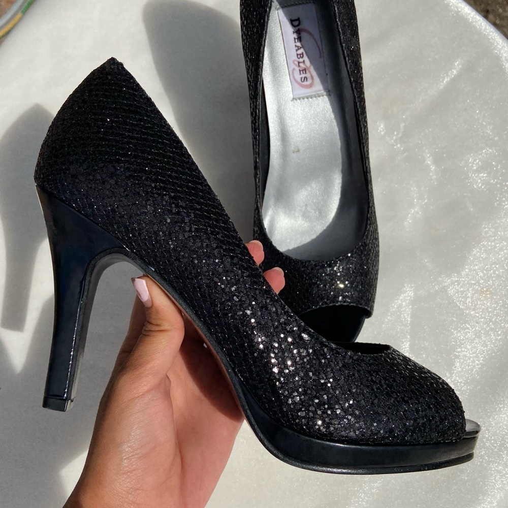 Black sparkly heels by Dyeables in “sari”